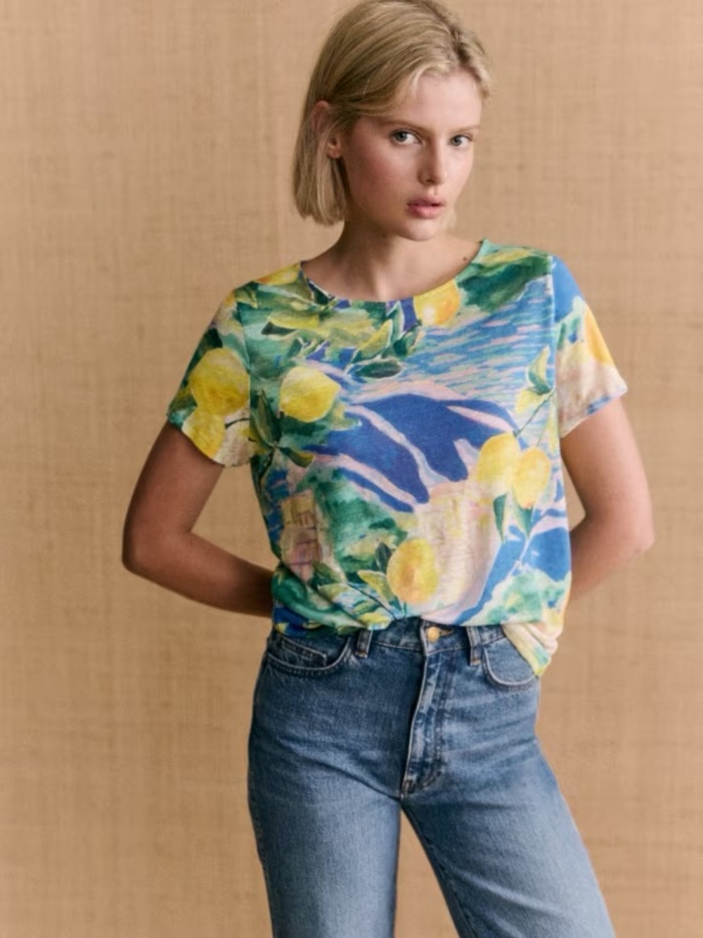 Sezane X Momoni Andre T-Shirt in Procida Lemon Print 100% Linen Size Medium